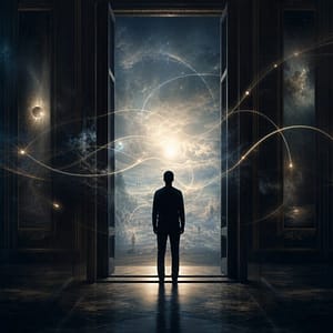 Figura contemplativa davanti a linee temporali che si aprono nel campo della coscienza