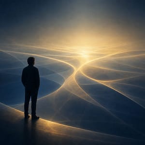 Figura contemplativa davanti a un campo luminoso di possibilità, simbolo dell’osservatore e della realtà che prende forma nella Coscienza