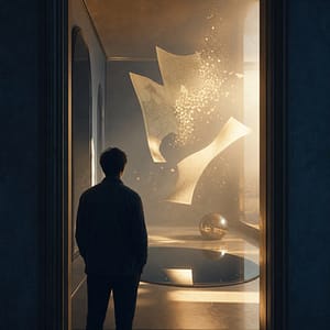 Figura contemplativa davanti a una soglia luminosa, simbolo della crescita personale profonda oltre l’accumulo di tecniche.
