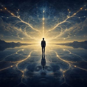 Figura luminosa al centro di linee temporali simboliche, immagine della Coscienza che osserva il presente creativo