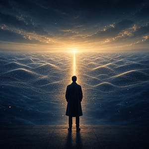 Osservatore davanti al campo delle possibilità che misura la realtà