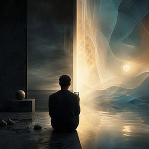Una soglia luminosa che rappresenta la percezione della realtà tra fatto, Coscienza e interpretazione interiore