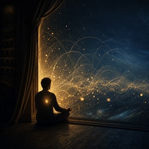 Figura meditativa davanti a un campo luminoso di possibilità interiori, simbolo della quantum manifestation e della Coscienza