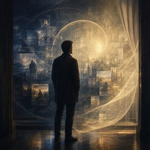 Una figura contemplativa osserva il tempo come campo di possibilità nella Coscienza