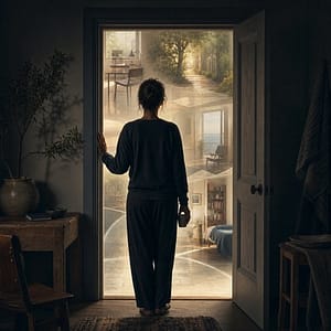 Persona davanti a una soglia luminosa che rappresenta il campo delle possibilità nella vita quotidiana