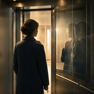 Persona davanti allo specchio dell’ascensore come simbolo del campo delle possibilità prima della vecchia identità