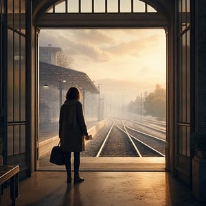 Una persona in una stazione al mattino, simbolo di creare il proprio futuro nella Coscienza attraverso una soglia quotidiana