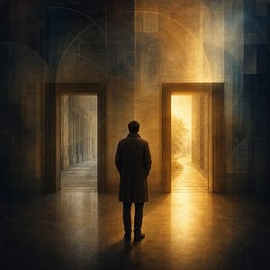 Una persona davanti a due uscite simboliche, immagine della creazione consapevole nel bivio quotidiano