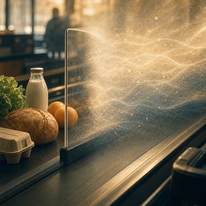 Una persona alla cassa del supermercato osserva il confine apparente tra sé e il mondo come illusione della separazione