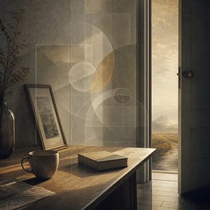 Soglia di una stanza con luce e oggetti quotidiani, simbolo della realtà olografica interiore
