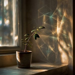 Una pianta inclinata verso la luce come simbolo dell’universo olografico e del campo di coscienza