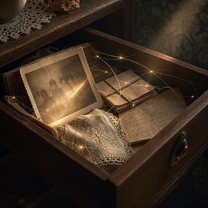 Cassetto con fotografia antica e documenti di famiglia, simbolo dell’entanglement familiare e del campo di memorie
