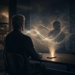 Una figura contempla luce e riflessi come simbolo dell’osservatore quantico e della Coscienza oltre l’ego