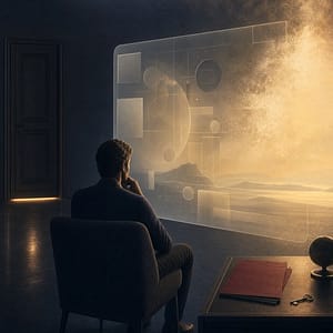 Una persona osserva uno schermo con icone e simboli come metafora della percezione della realtà come interfaccia della Coscienza