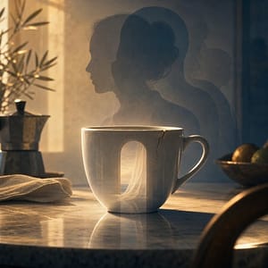 Una tazza incrinata illuminata al mattino come simbolo della realtà come sogno nella Coscienza